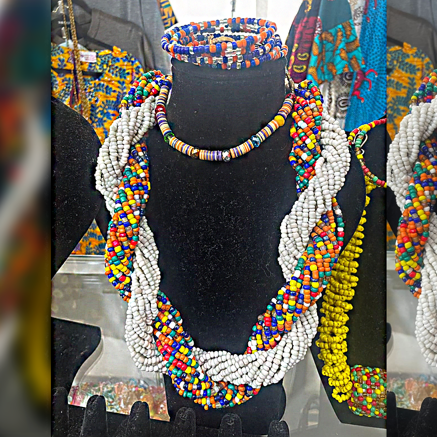 African beaded necklace, bracelet and earrings 